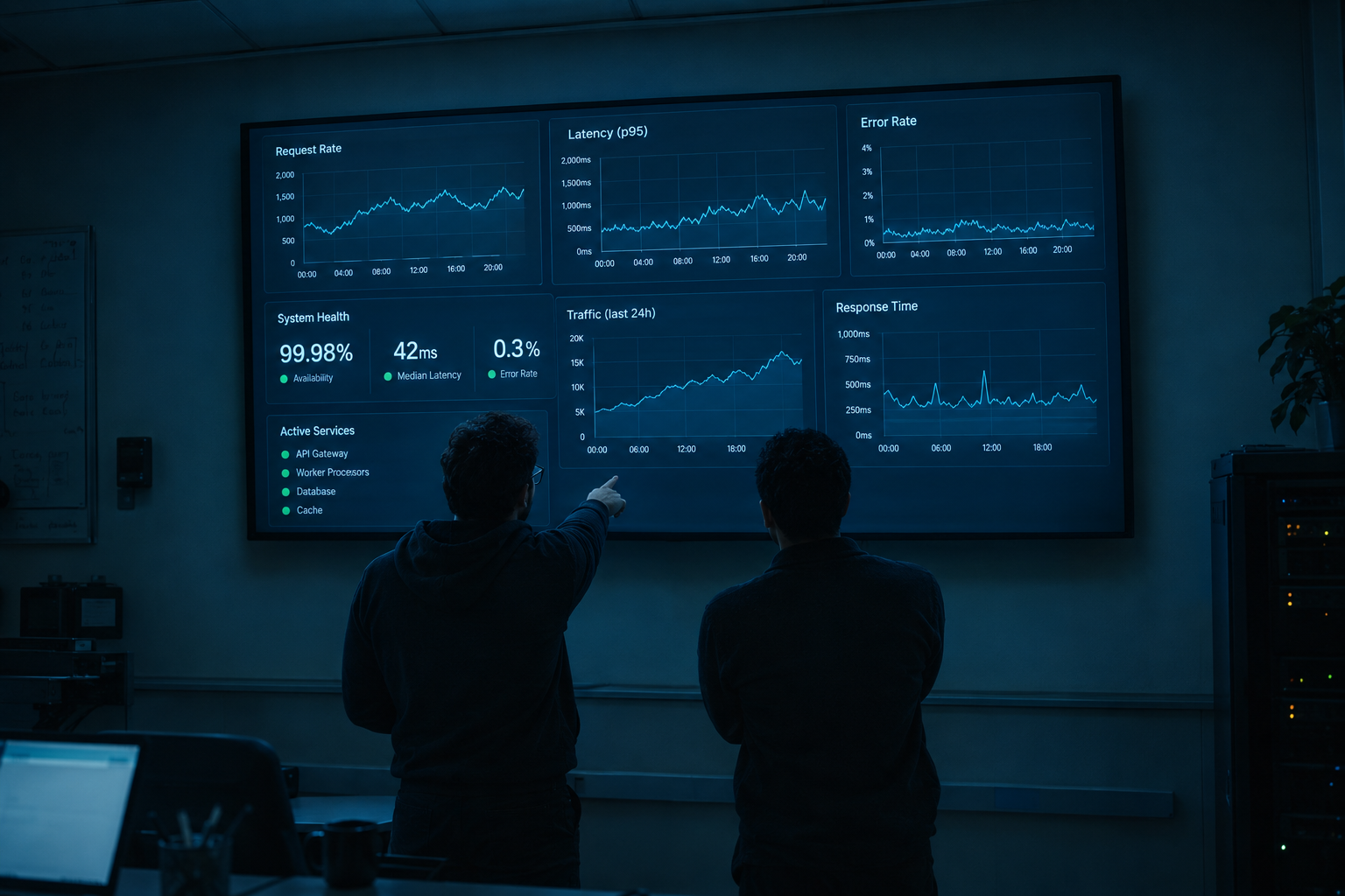 Engineers reviewing live system metrics on a wall display